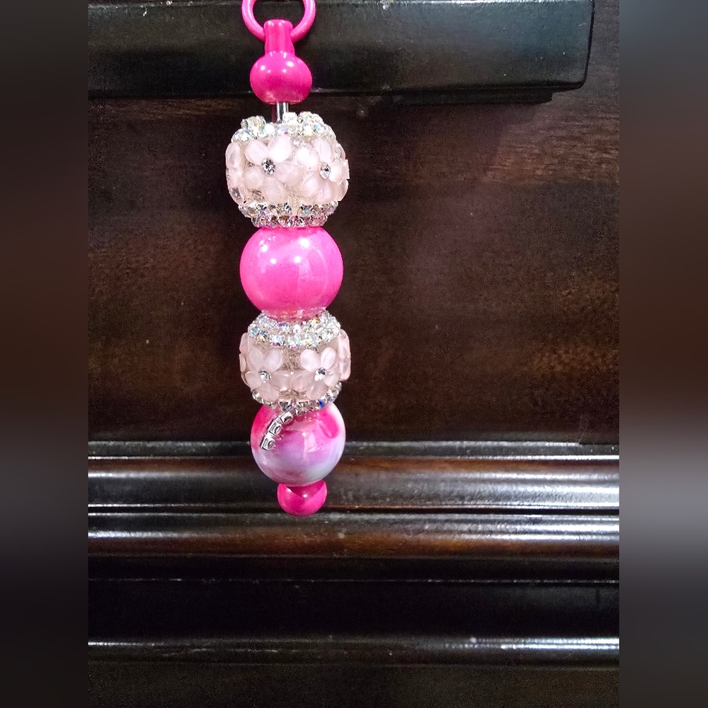 Hot Pink Beaded Ornament/Bookmark with Crystal Accents